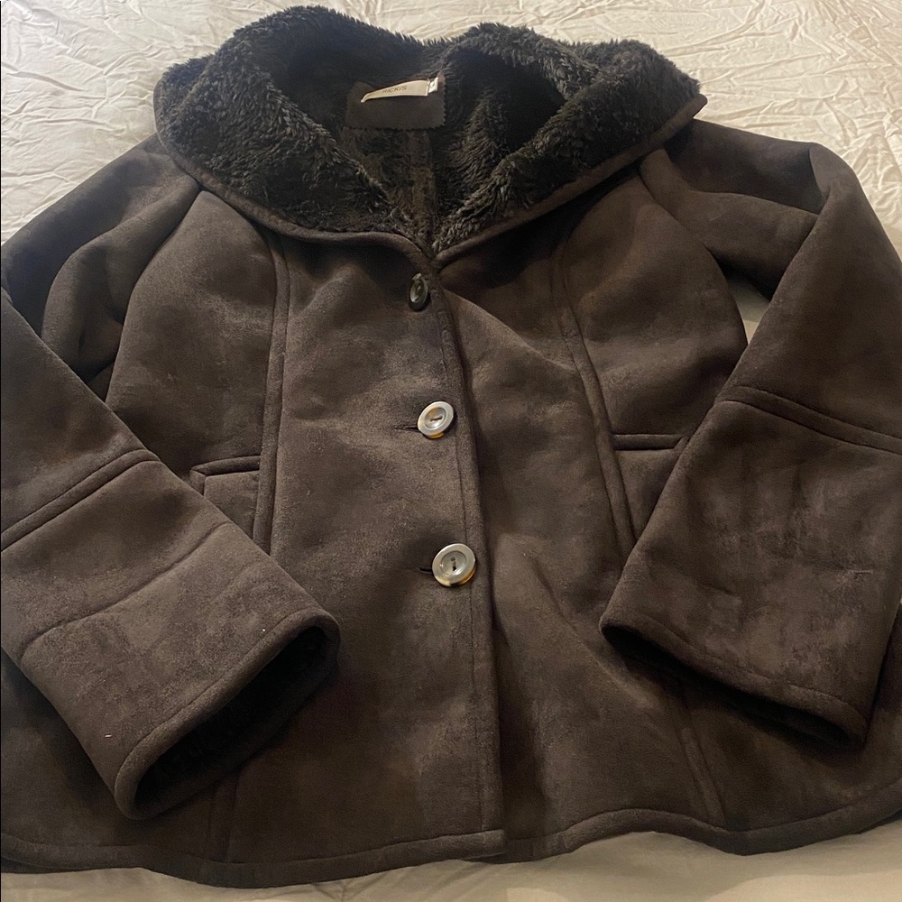 Black and Dark Brown Faux Suede Sherpa Warm Figure Flattering Jacket